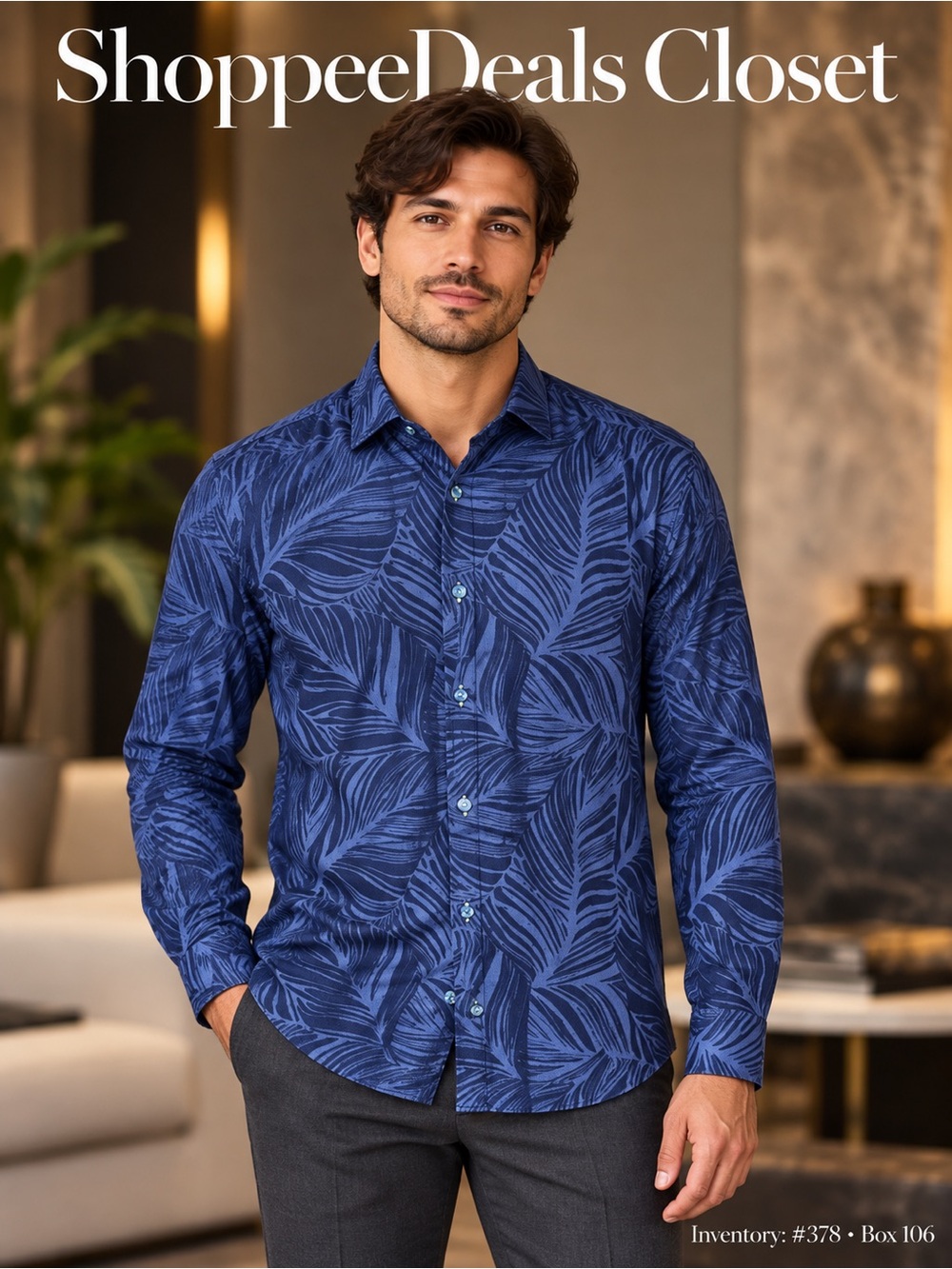 MACEOO Blue Leaf Print Italian Jacquard Long Sleeve Button-Up Shirt